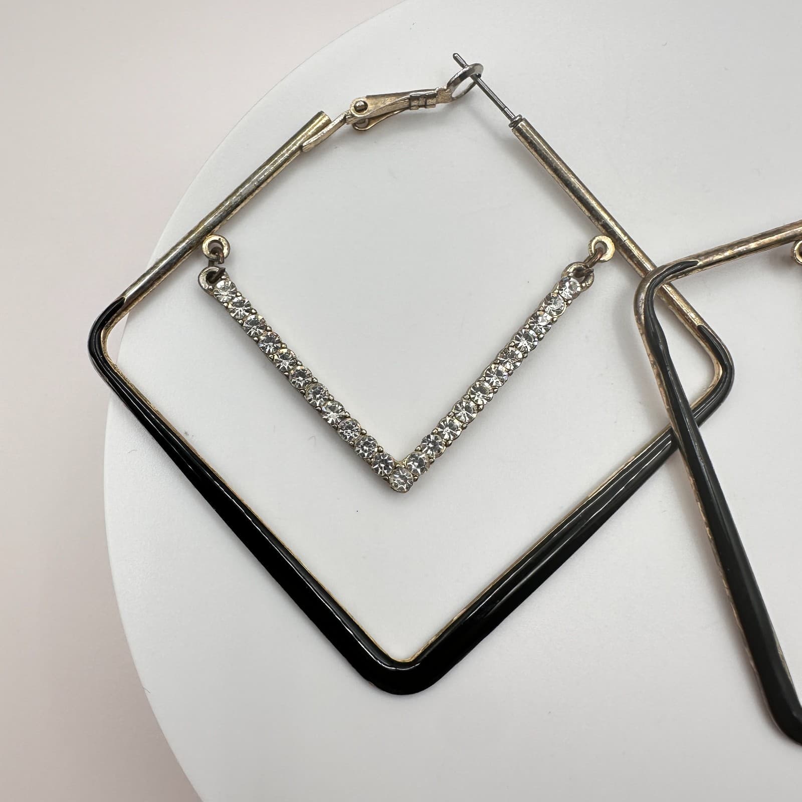 Vintage 90s Square Black Enamel Crystal Hoop Earrings Silver Tone Jewelry Retro - Thumbnail 3