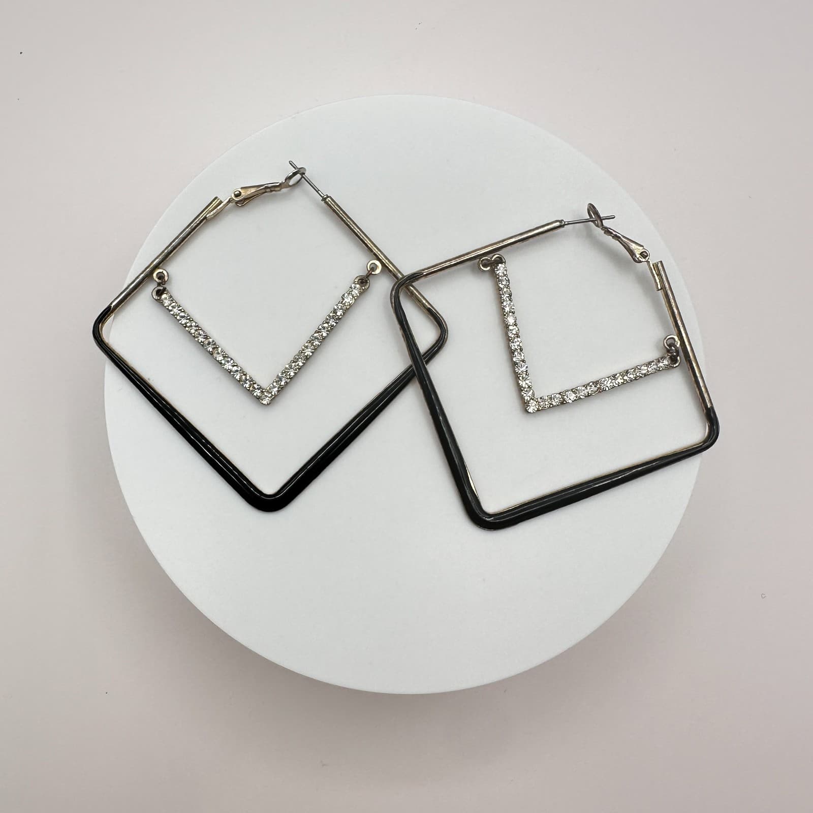 Vintage 90s Square Black Enamel Crystal Hoop Earrings Silver Tone Jewelry Retro