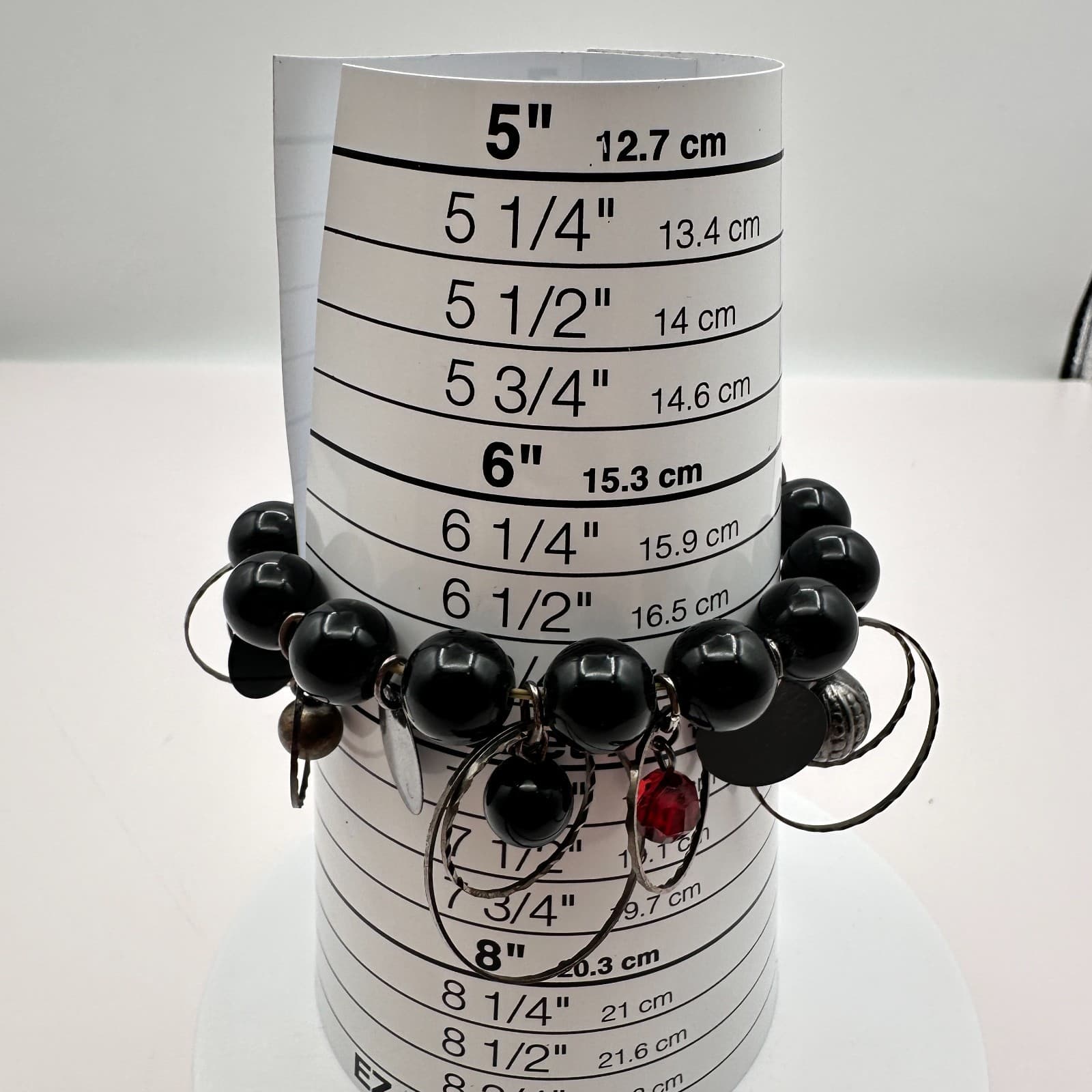 Vintage 90s Silver Tone Black Beaded Charm Bracelet Statement Women's Jewelry - Thumbnail 8