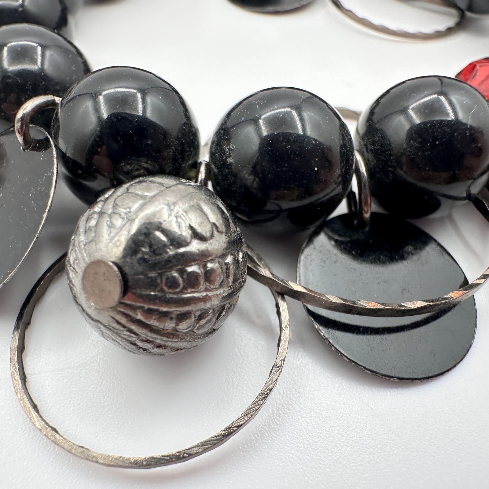 Vintage 90s Silver Tone Black Beaded Charm Bracelet Statement Women's Jewelry - Thumbnail 5