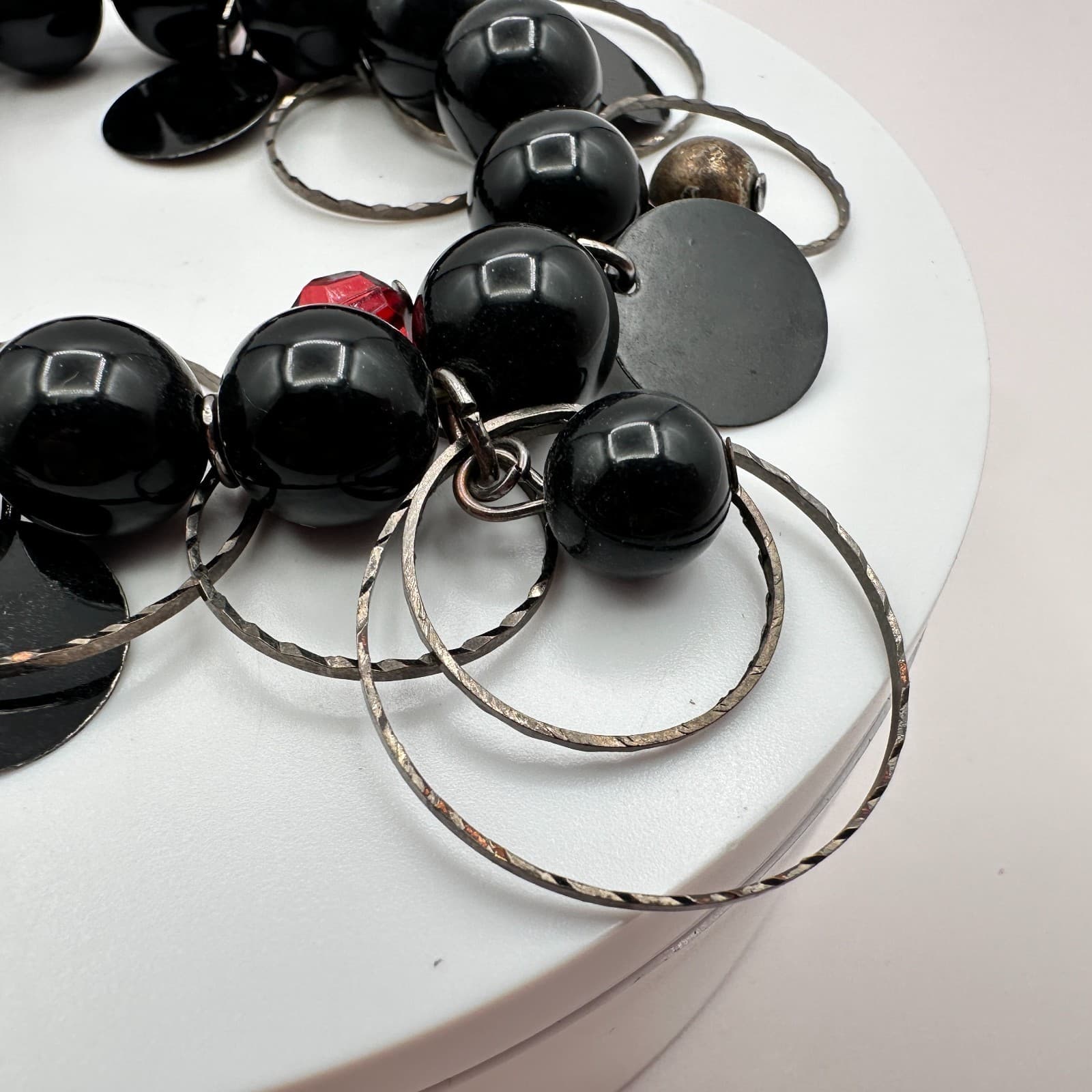 Vintage 90s Silver Tone Black Beaded Charm Bracelet Statement Women's Jewelry - Thumbnail 6