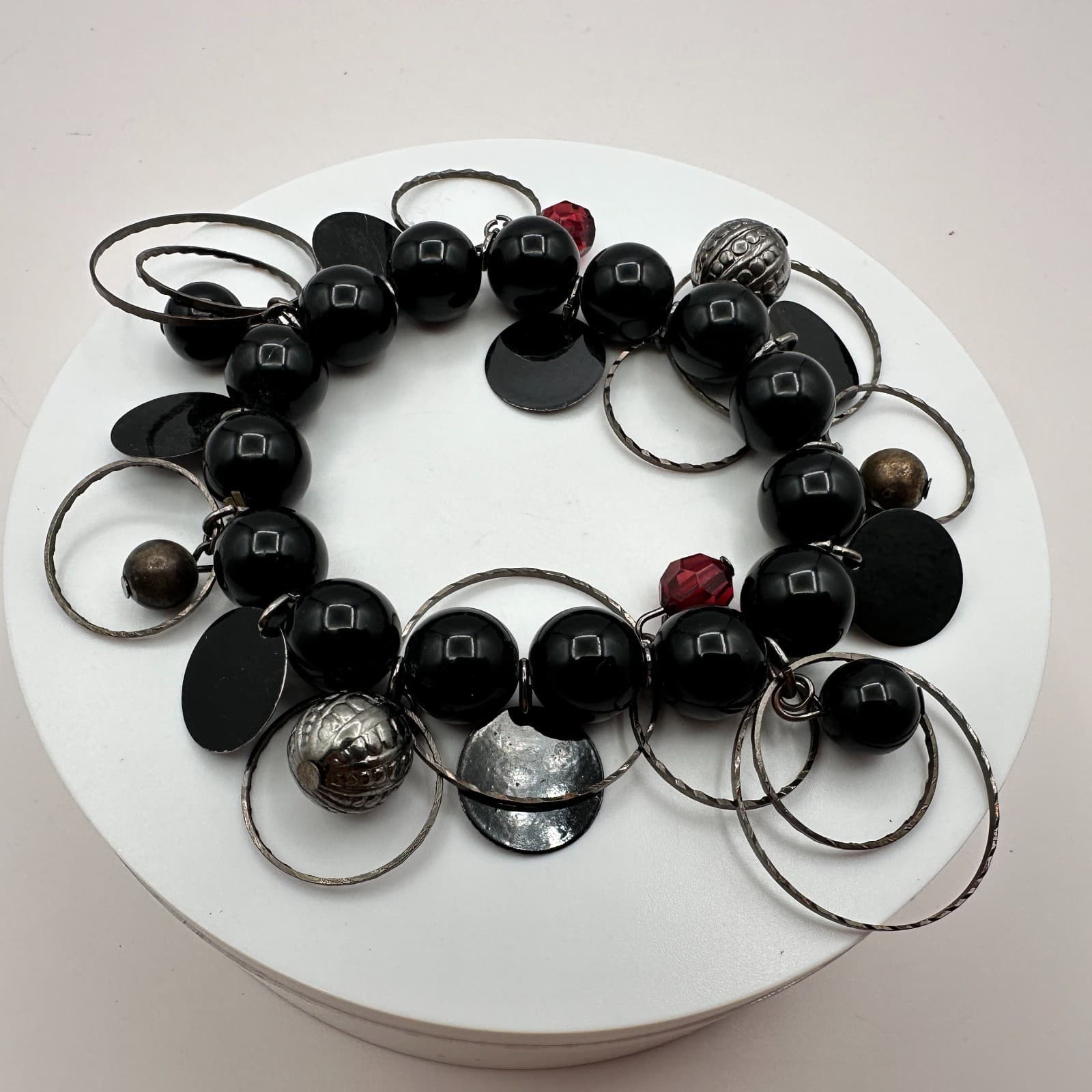 Vintage 90s Silver Tone Black Beaded Charm Bracelet Statement Women's Jewelry