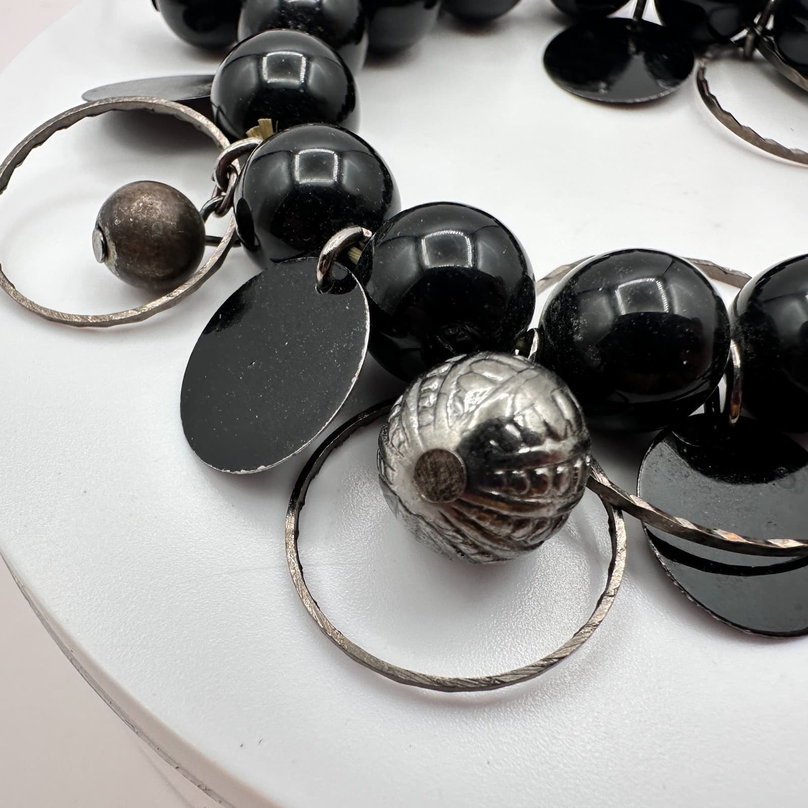 Vintage 90s Silver Tone Black Beaded Charm Bracelet Statement Women's Jewelry - Thumbnail 3
