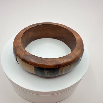 Vintage 90s Wood & Inlay Horn Bangle Bracelet Chunky Fashion Classic Jewelry - Thumbnail 2