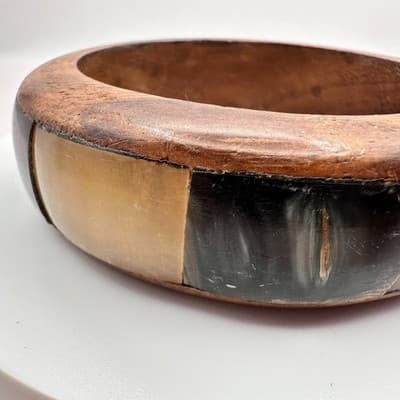 Vintage 90s Wood & Inlay Horn Bangle Bracelet Chunky Fashion Classic Jewelry - Thumbnail 4