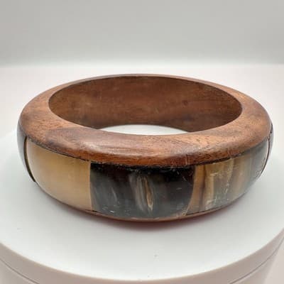 Vintage 90s Wood & Inlay Horn Bangle Bracelet Chunky Fashion Classic Jewelry - Thumbnail 5