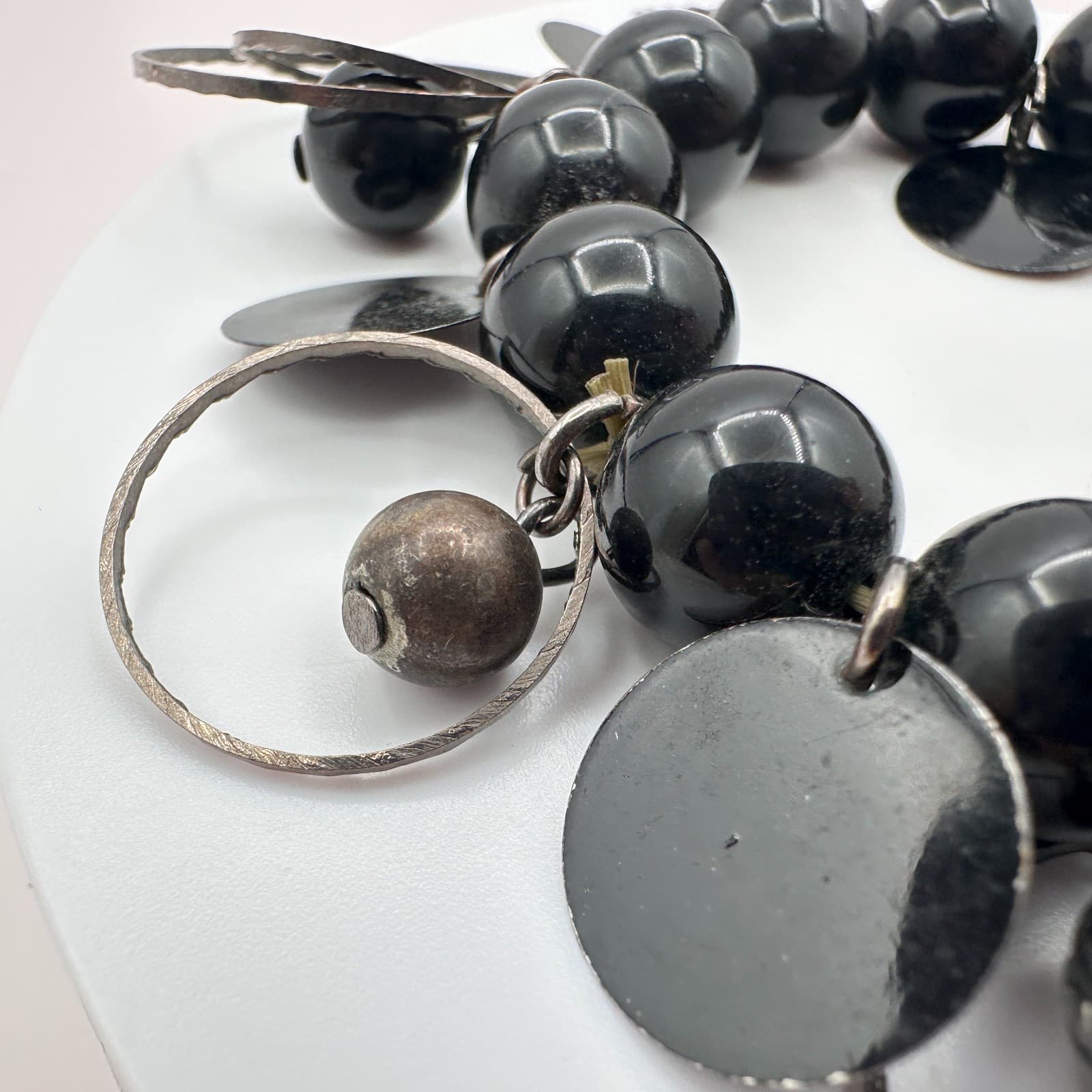 Vintage 90s Silver Tone Black Beaded Charm Bracelet Statement Women's Jewelry - Thumbnail 4