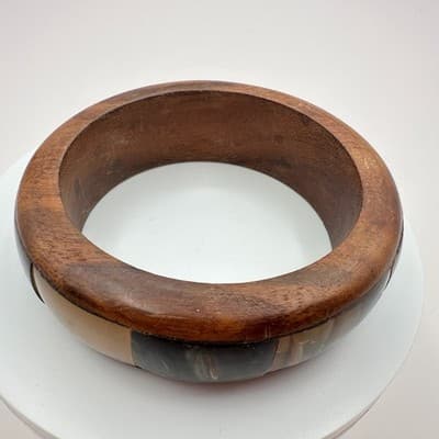 Vintage 90s Wood & Inlay Horn Bangle Bracelet Chunky Fashion Classic Jewelry - Thumbnail 3
