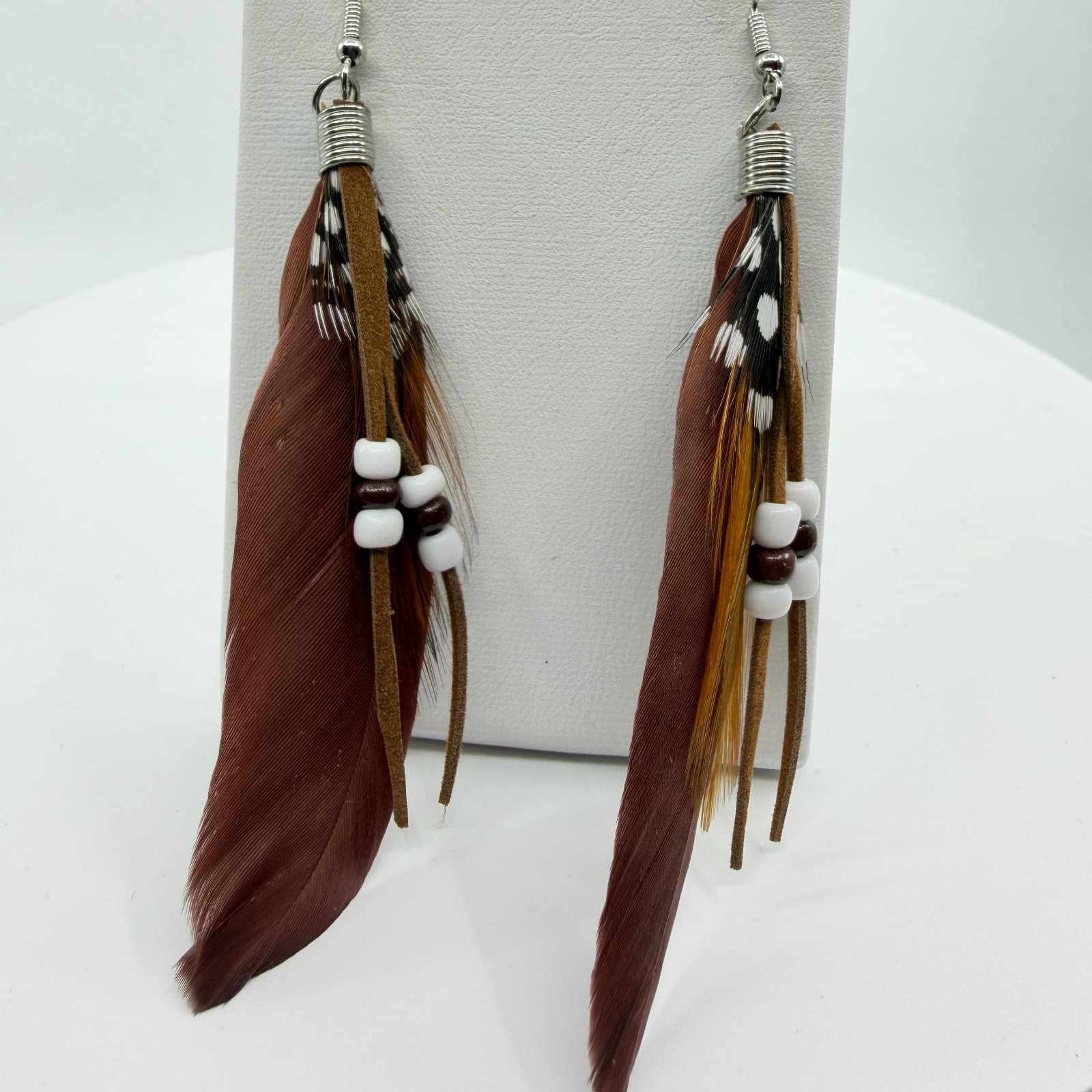 Bohemian Feather Dangle Earrings Cottagecore Suede Fringe Beaded Statement Gift