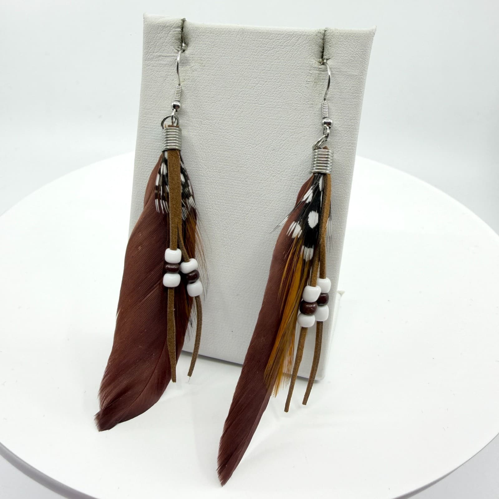 Bohemian Feather Dangle Earrings Cottagecore Suede Fringe Beaded Statement Gift - Thumbnail 3