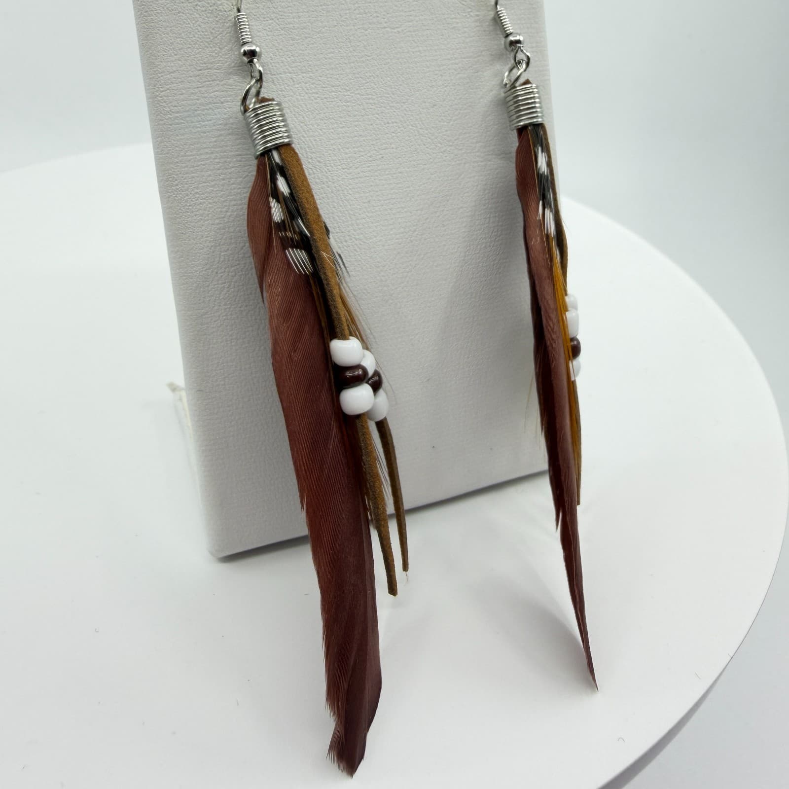 Bohemian Feather Dangle Earrings Cottagecore Suede Fringe Beaded Statement Gift - Thumbnail 6