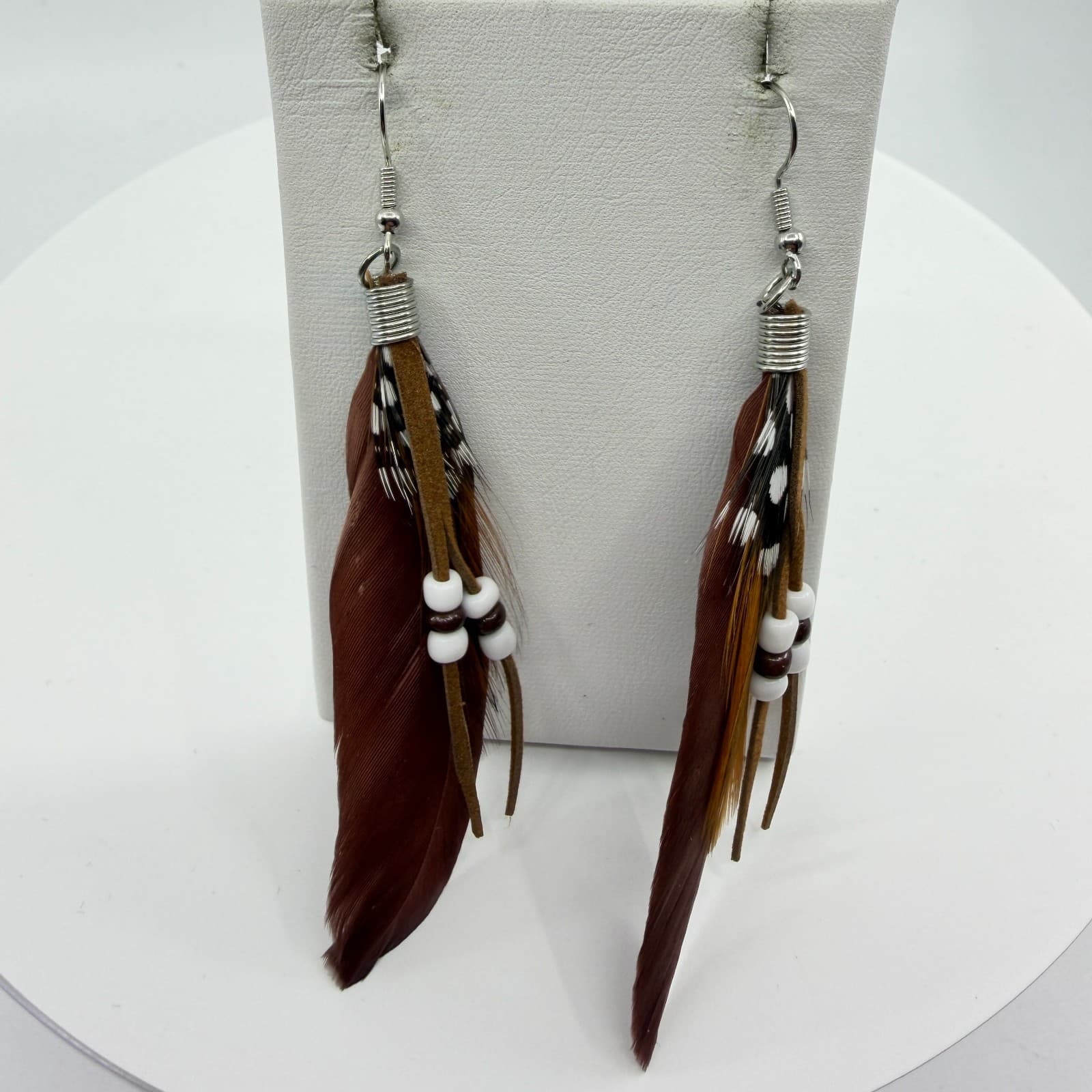Bohemian Feather Dangle Earrings Cottagecore Suede Fringe Beaded Statement Gift - Thumbnail 2