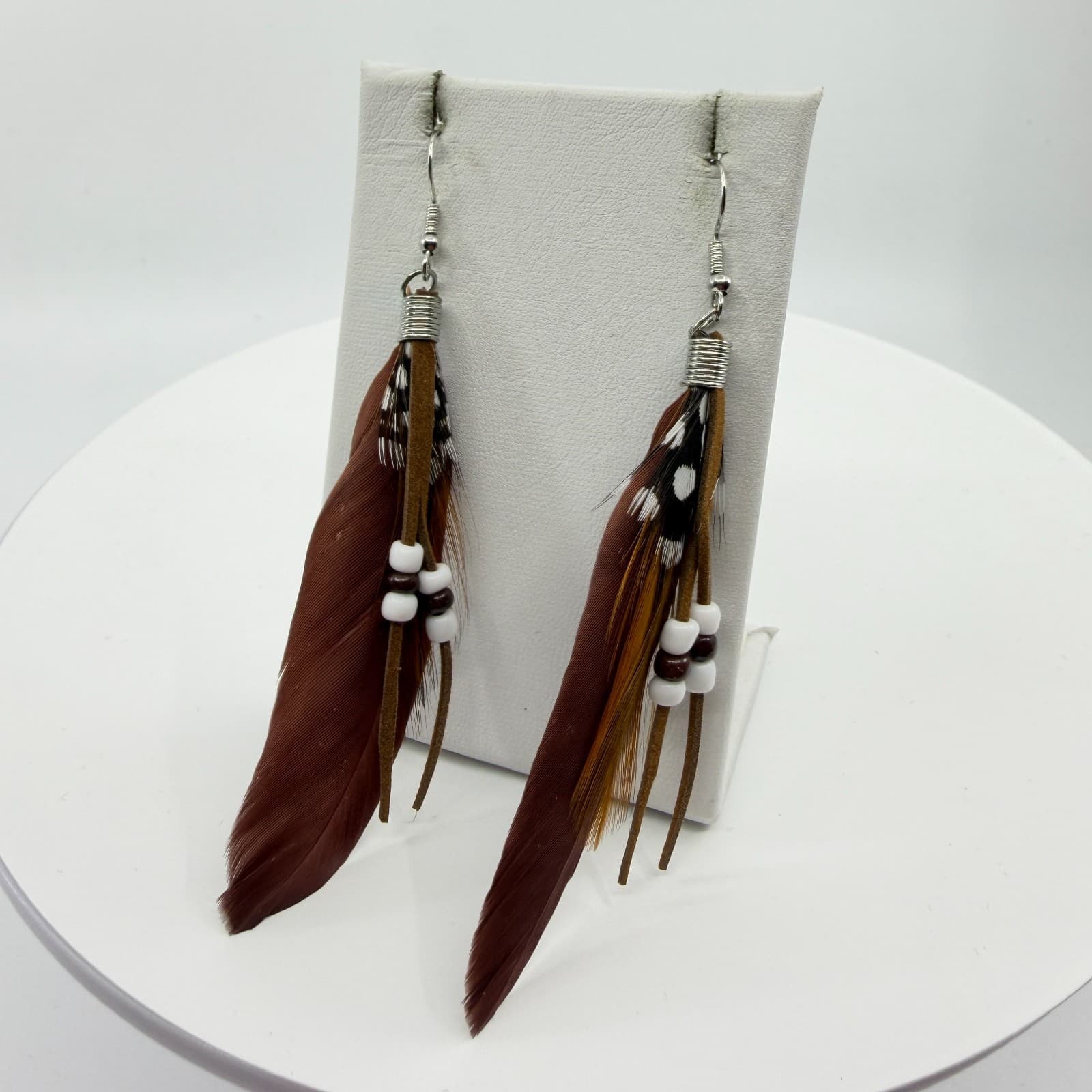 Bohemian Feather Dangle Earrings Cottagecore Suede Fringe Beaded Statement Gift - Thumbnail 7