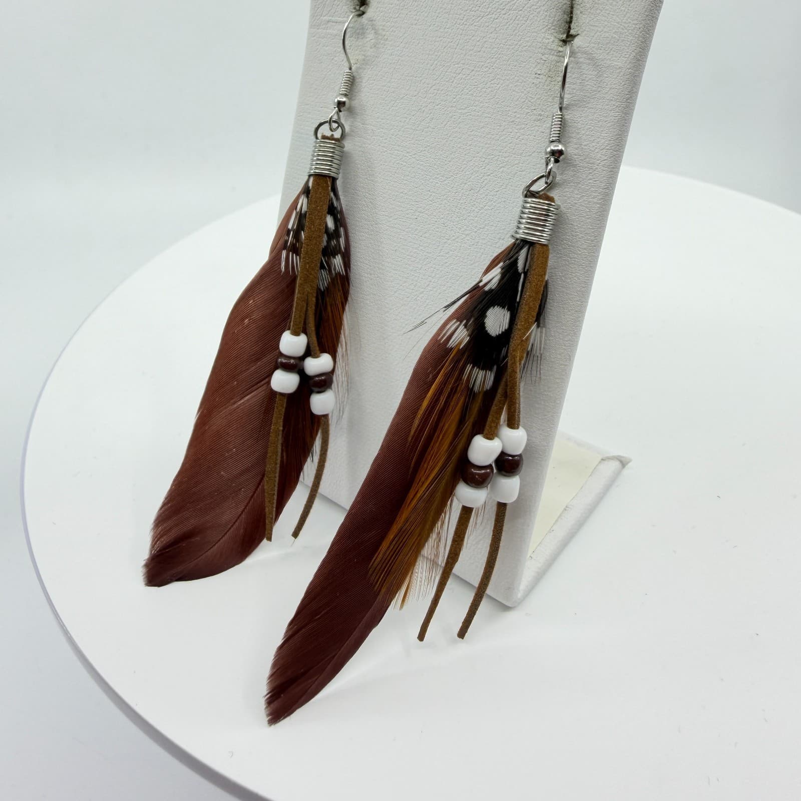 Bohemian Feather Dangle Earrings Cottagecore Suede Fringe Beaded Statement Gift - Thumbnail 5