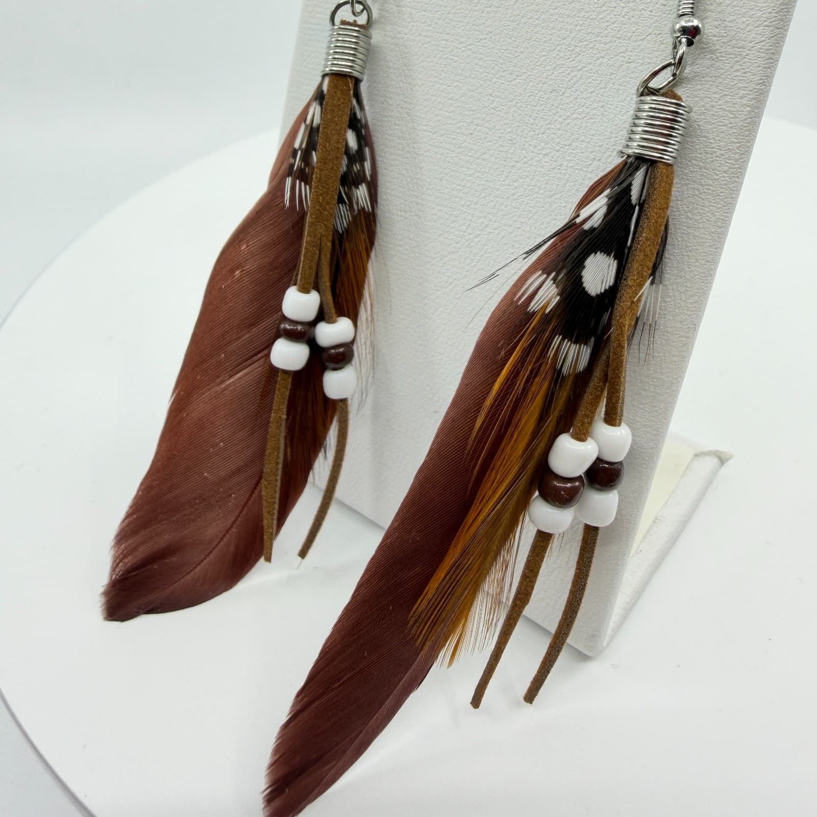 Bohemian Feather Dangle Earrings Cottagecore Suede Fringe Beaded Statement Gift - Thumbnail 4