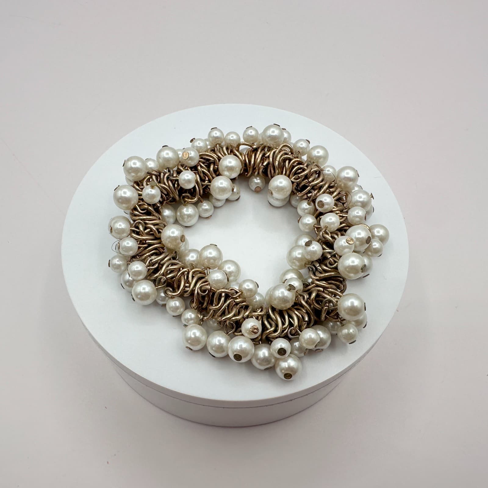 Vintage Gold Tone Faux Pearl Cluster Bracelet Shag Chunky Wedding Bridal Gift - Thumbnail 7