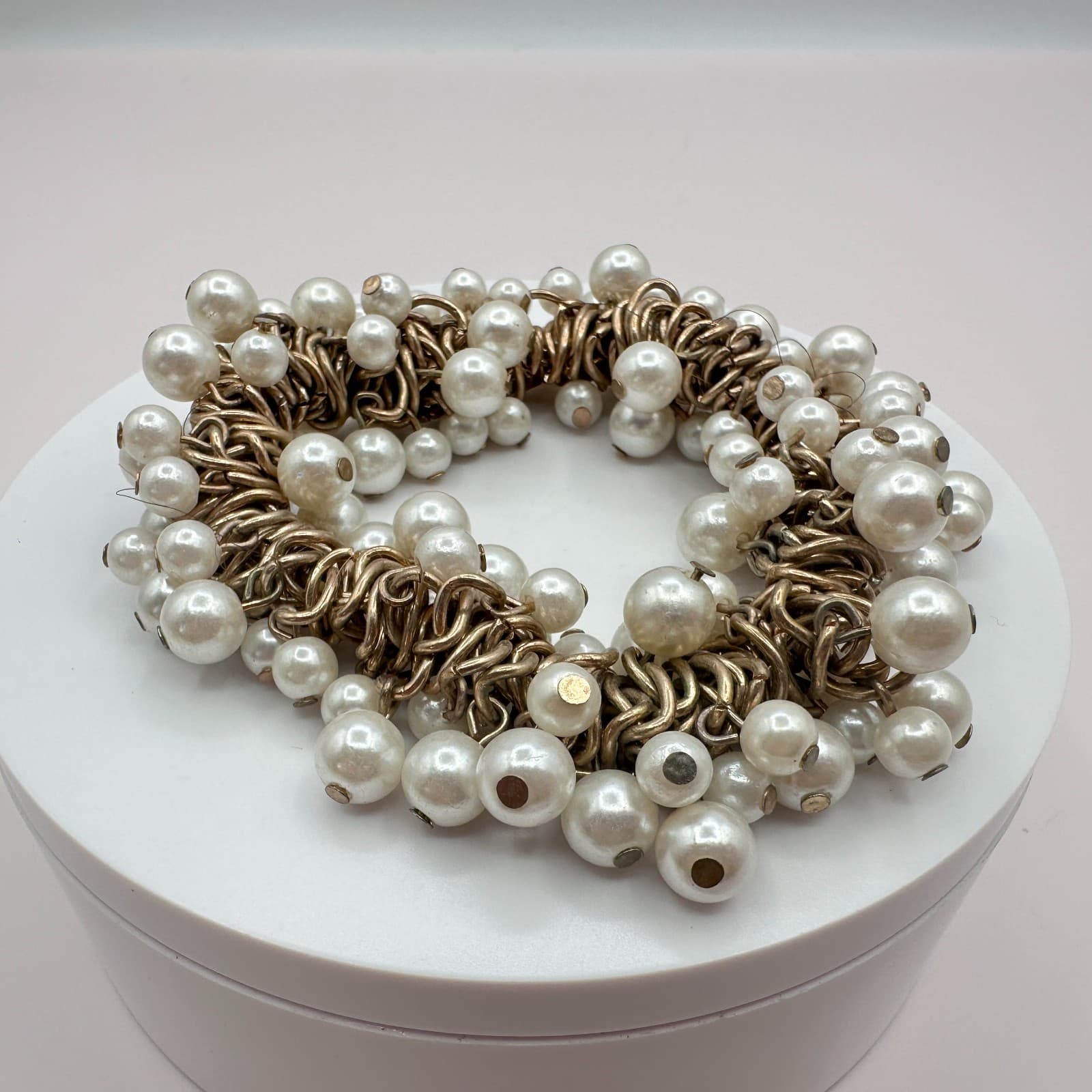 Vintage Gold Tone Faux Pearl Cluster Bracelet Shag Chunky Wedding Bridal Gift - Thumbnail 6