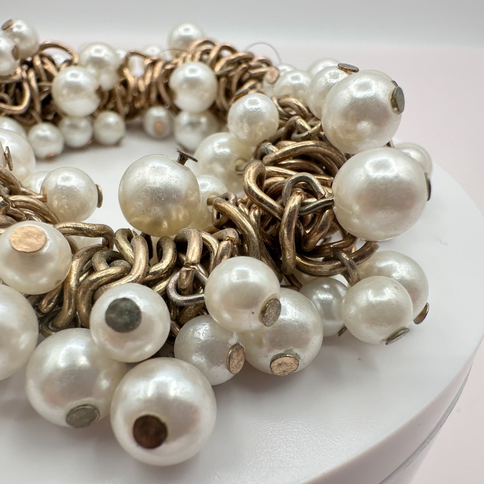 Vintage Gold Tone Faux Pearl Cluster Bracelet Shag Chunky Wedding Bridal Gift - Thumbnail 4
