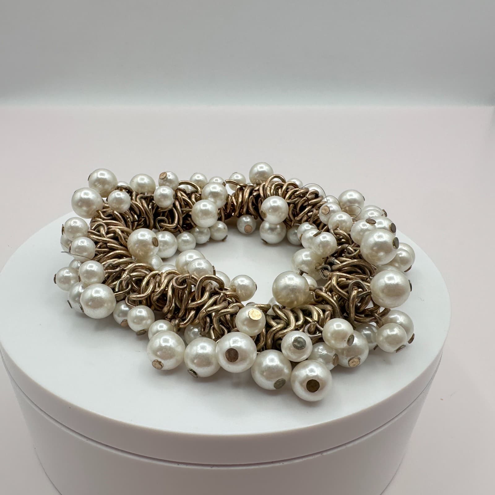 Vintage Gold Tone Faux Pearl Cluster Bracelet Shag Chunky Wedding Bridal Gift - Thumbnail 2