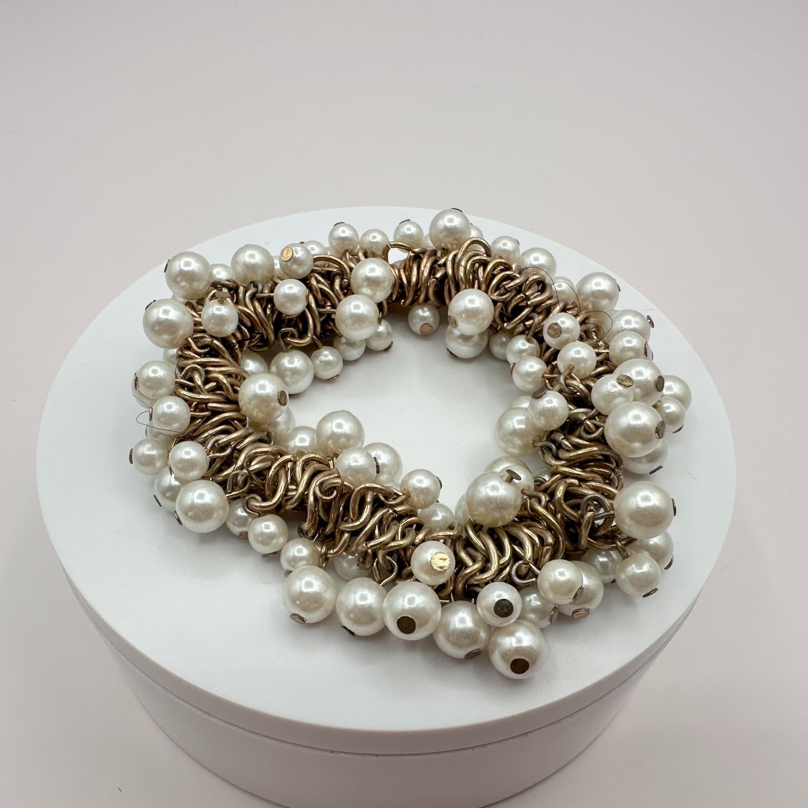 Vintage Gold Tone Faux Pearl Cluster Bracelet Shag Chunky Wedding Bridal Gift - Thumbnail 3