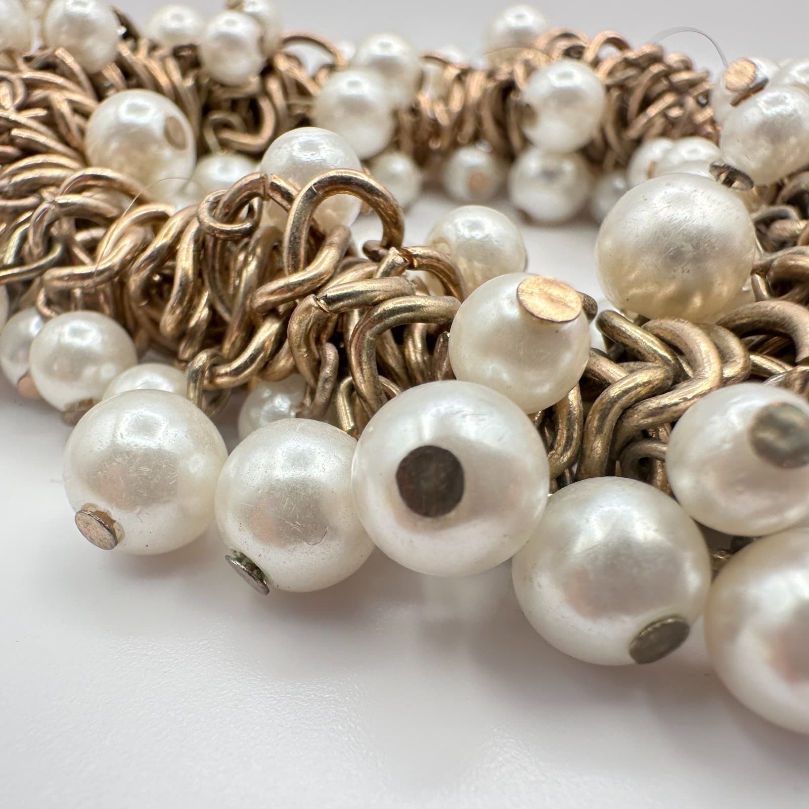 Vintage Gold Tone Faux Pearl Cluster Bracelet Shag Chunky Wedding Bridal Gift - Thumbnail 5