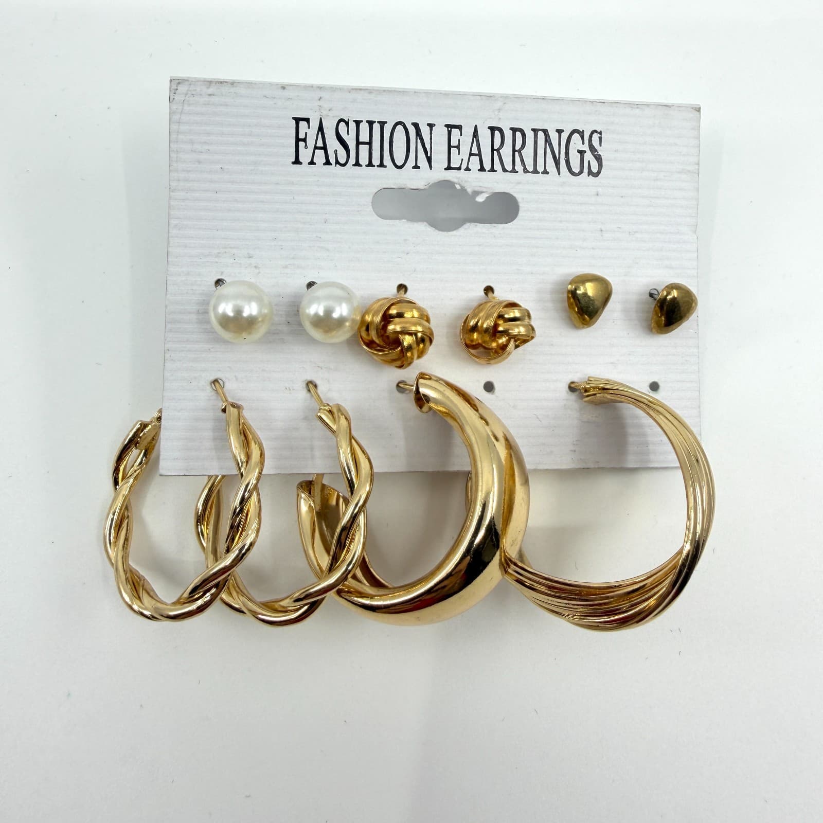 Gold Tone Multi-Style Earring Set Pearls Textured Hoops & Heart Studs Jewelry