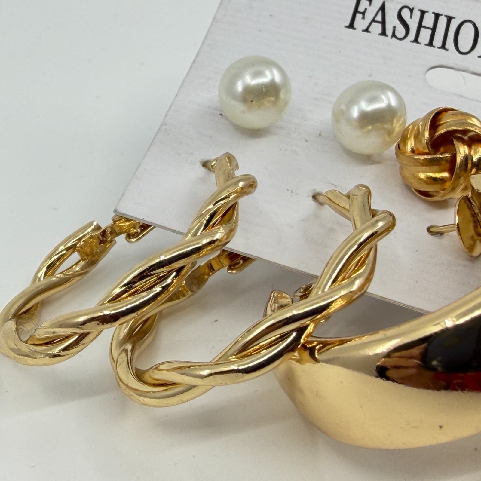 Gold Tone Multi-Style Earring Set Pearls Textured Hoops & Heart Studs Jewelry - Thumbnail 8