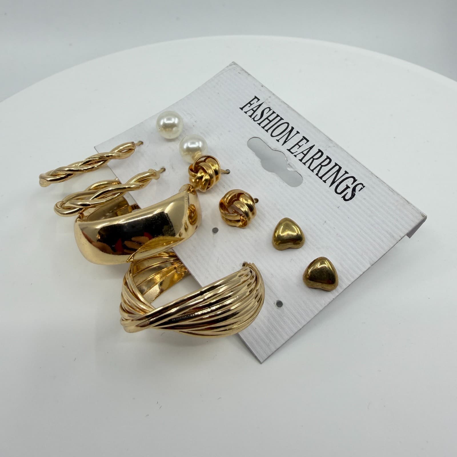 Gold Tone Multi-Style Earring Set Pearls Textured Hoops & Heart Studs Jewelry - Thumbnail 5