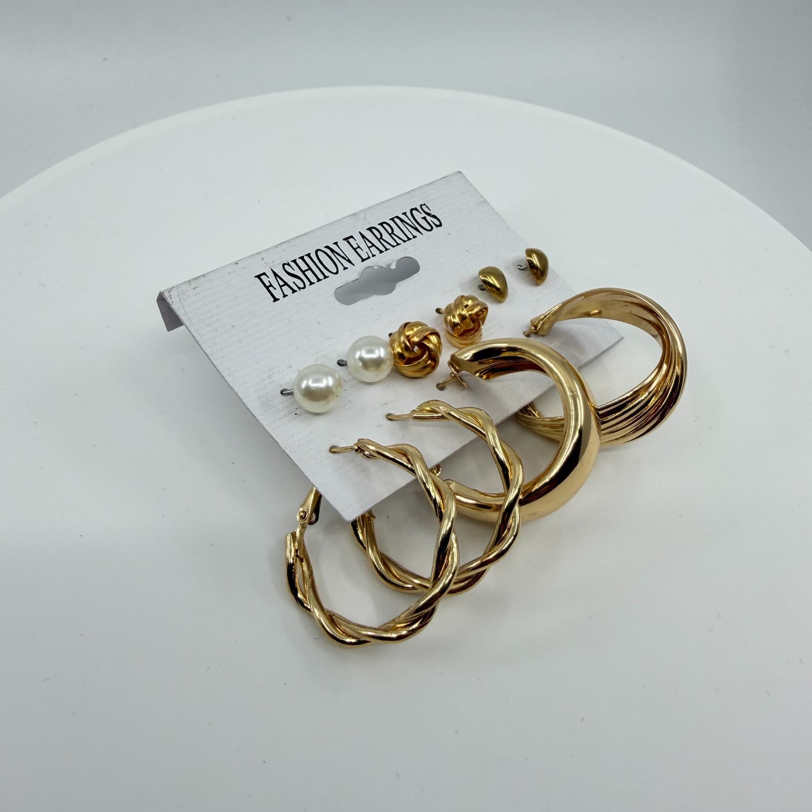Gold Tone Multi-Style Earring Set Pearls Textured Hoops & Heart Studs Jewelry - Thumbnail 4