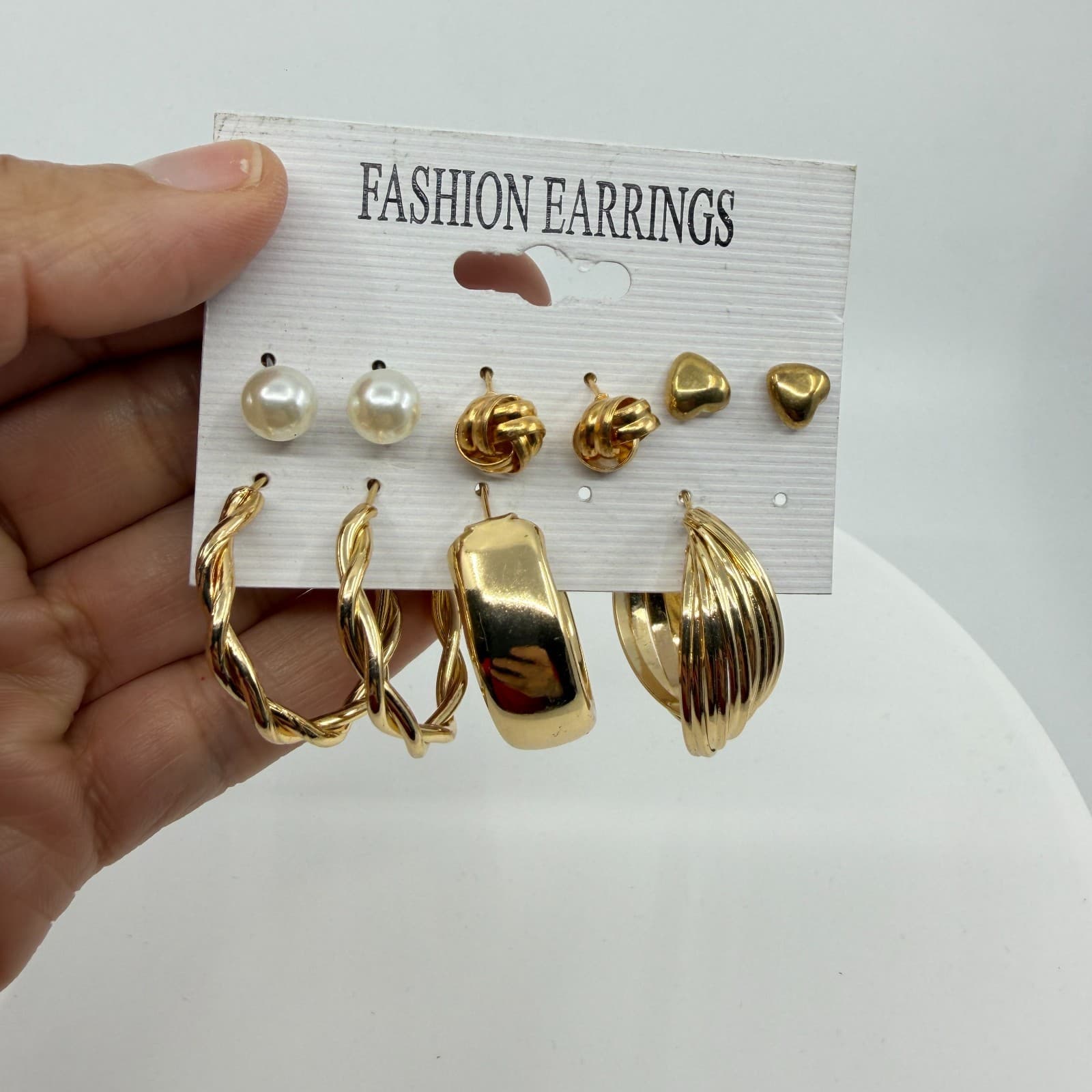 Gold Tone Multi-Style Earring Set Pearls Textured Hoops & Heart Studs Jewelry - Thumbnail 11