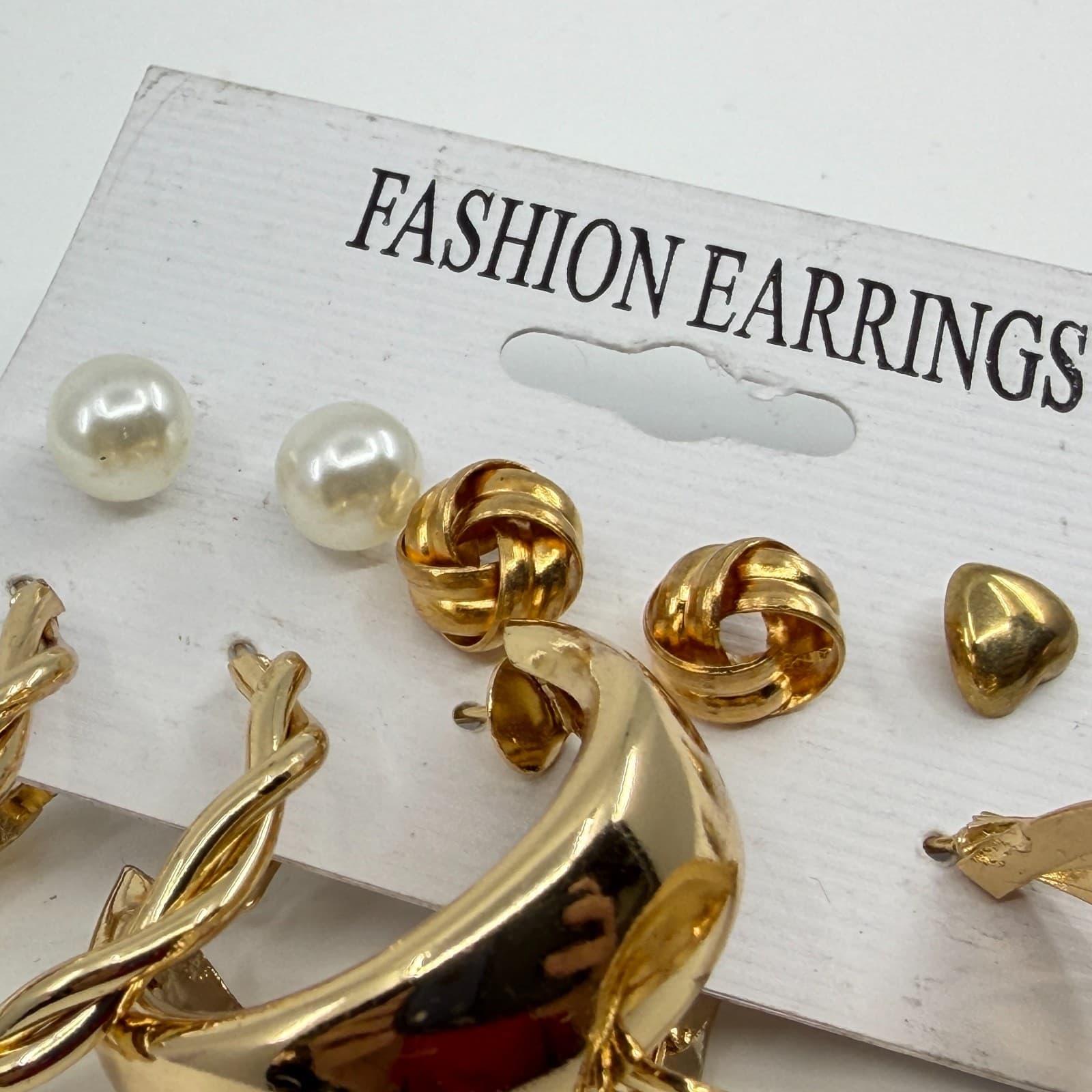 Gold Tone Multi-Style Earring Set Pearls Textured Hoops & Heart Studs Jewelry - Thumbnail 9