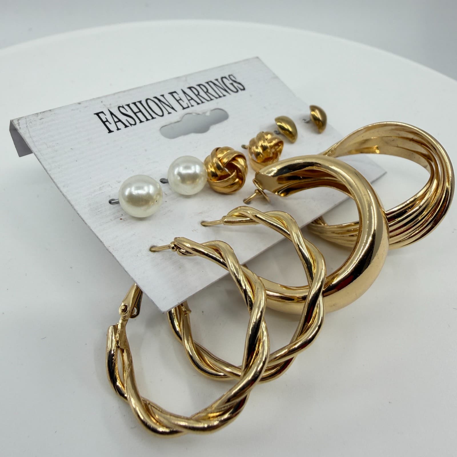 Gold Tone Multi-Style Earring Set Pearls Textured Hoops & Heart Studs Jewelry - Thumbnail 3