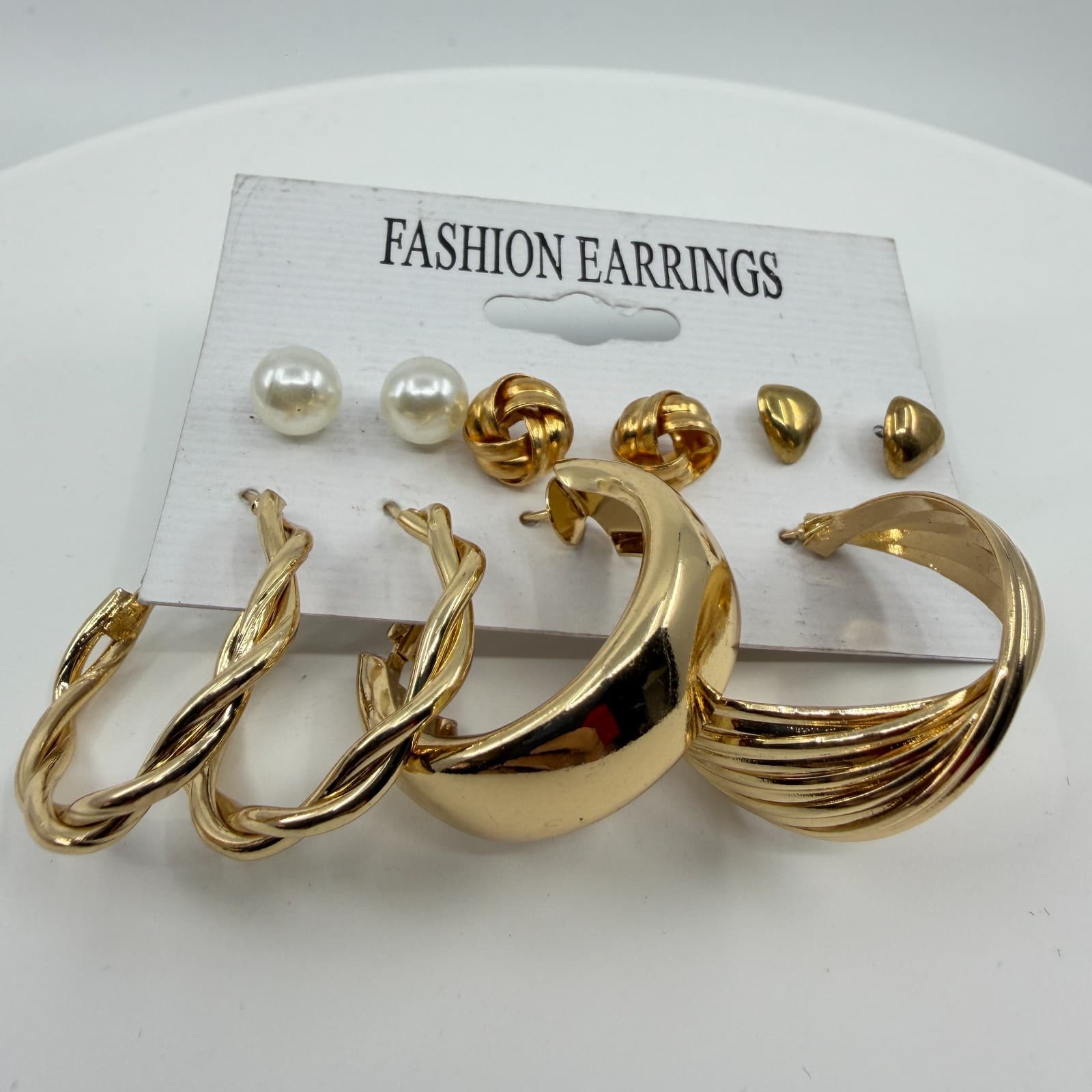 Gold Tone Multi-Style Earring Set Pearls Textured Hoops & Heart Studs Jewelry - Thumbnail 2