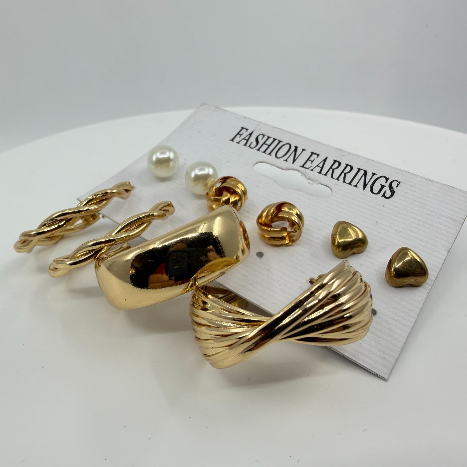 Gold Tone Multi-Style Earring Set Pearls Textured Hoops & Heart Studs Jewelry - Thumbnail 6