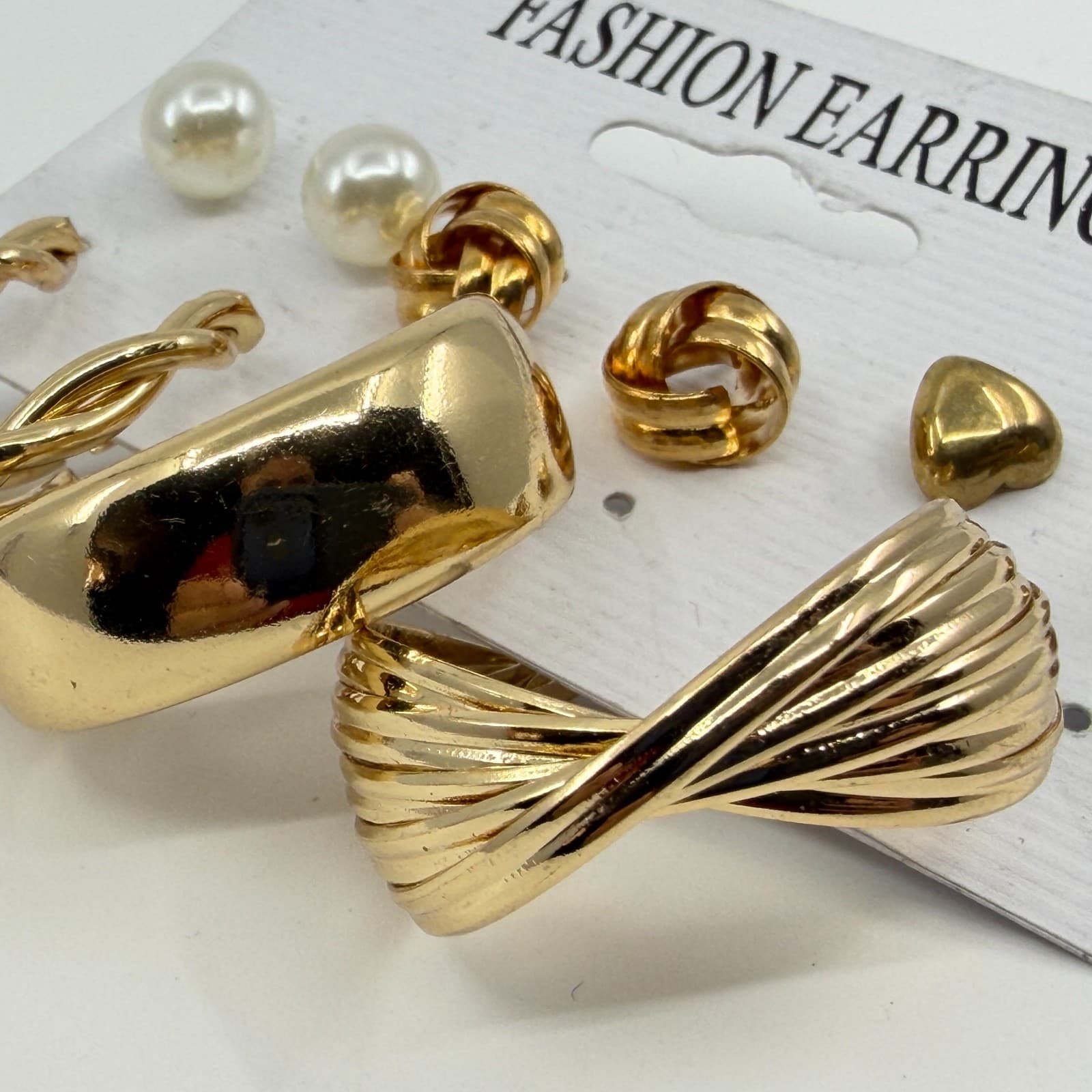 Gold Tone Multi-Style Earring Set Pearls Textured Hoops & Heart Studs Jewelry - Thumbnail 7