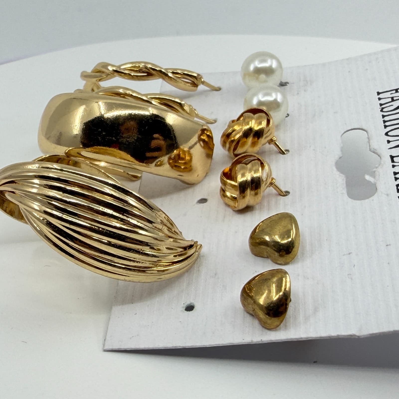 Gold Tone Multi-Style Earring Set Pearls Textured Hoops & Heart Studs Jewelry - Thumbnail 10
