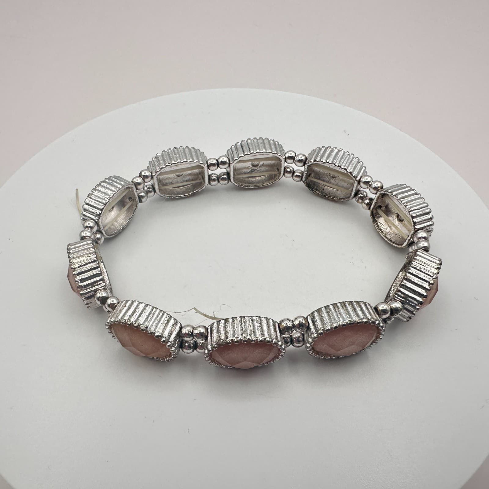 Vintage 90s Y2K Oval Pink Faux Sunstone Stretch Bracelet Silver Tone Jewelry Bib - Thumbnail 5