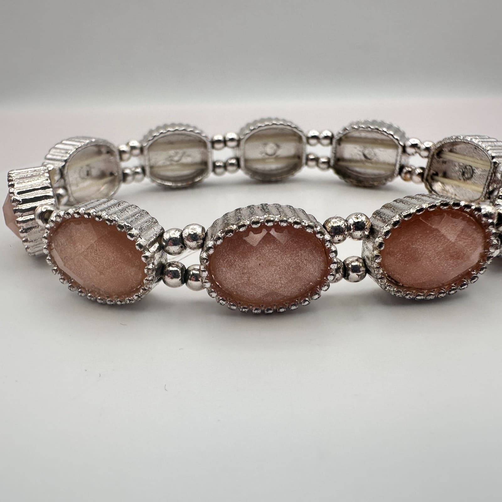 Vintage 90s Y2K Oval Pink Faux Sunstone Stretch Bracelet Silver Tone Jewelry Bib - Thumbnail 3