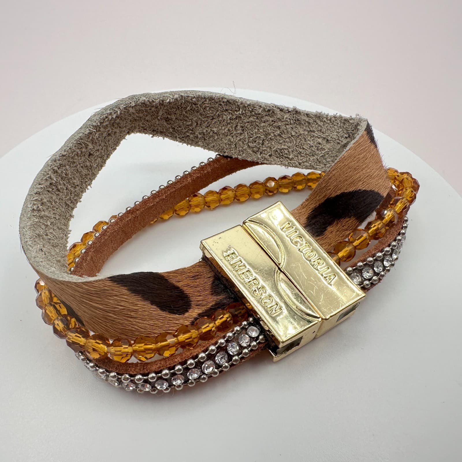 Victoria Emerson Gold Tone Multi Strand Wrap Bracelet Leopard Hair Calf Crystal - Thumbnail 4