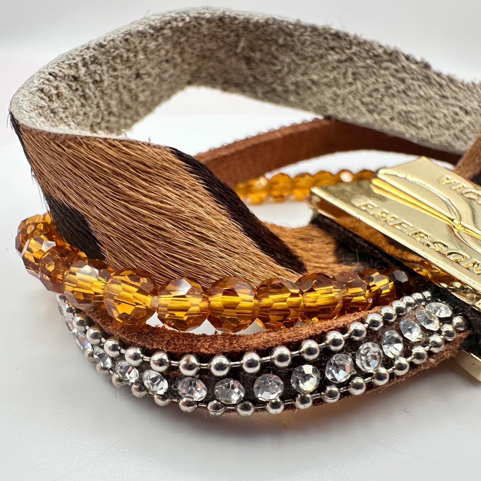 Victoria Emerson Gold Tone Multi Strand Wrap Bracelet Leopard Hair Calf Crystal - Thumbnail 5