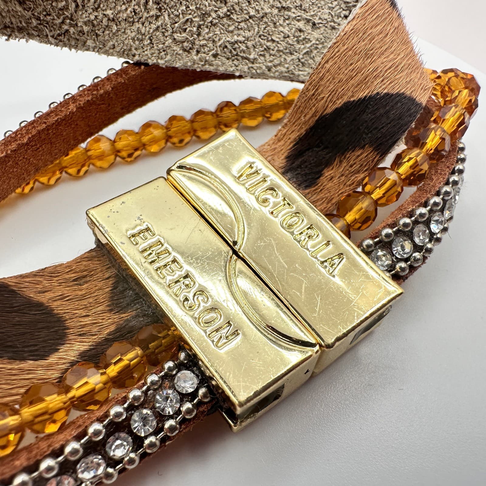 Victoria Emerson Gold Tone Multi Strand Wrap Bracelet Leopard Hair Calf Crystal - Thumbnail 3