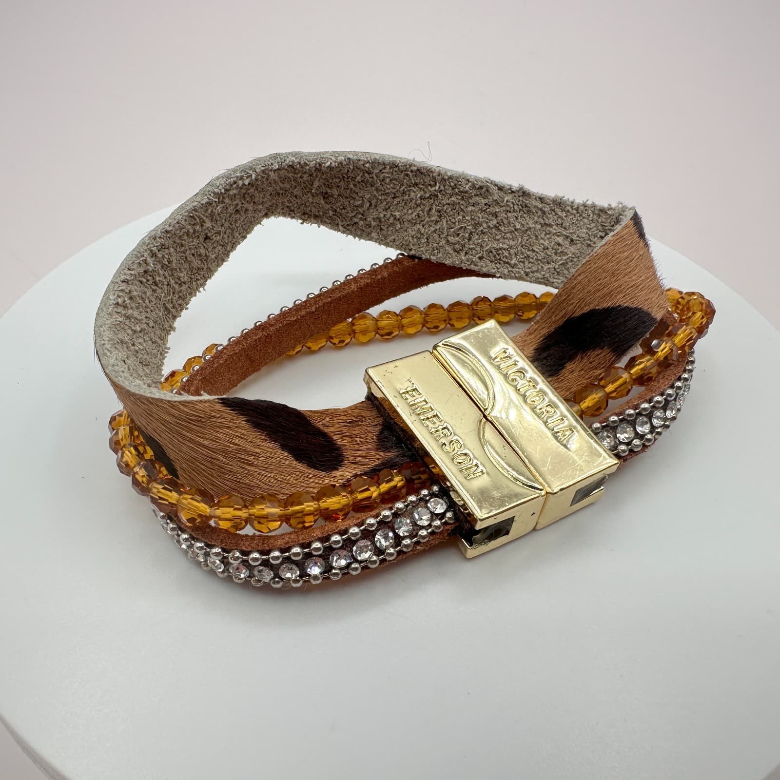 Victoria Emerson Gold Tone Multi Strand Wrap Bracelet Leopard Hair Calf Crystal - Thumbnail 2