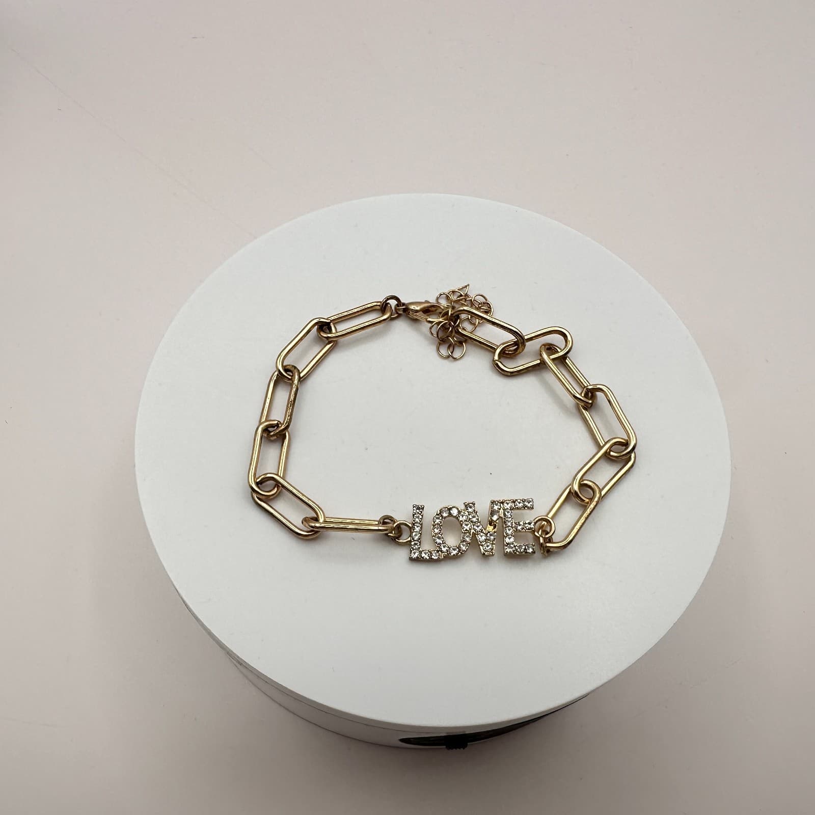 Vintage Y2K Gold Tone Rhinestone LOVE Paperclip Chain Bracelet Women's Jewelry - Thumbnail 6