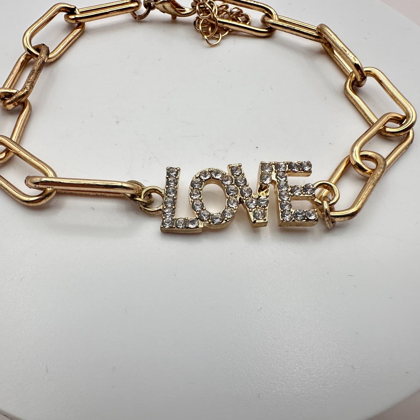 Vintage Y2K Gold Tone Rhinestone LOVE Paperclip Chain Bracelet Women's Jewelry - Thumbnail 2