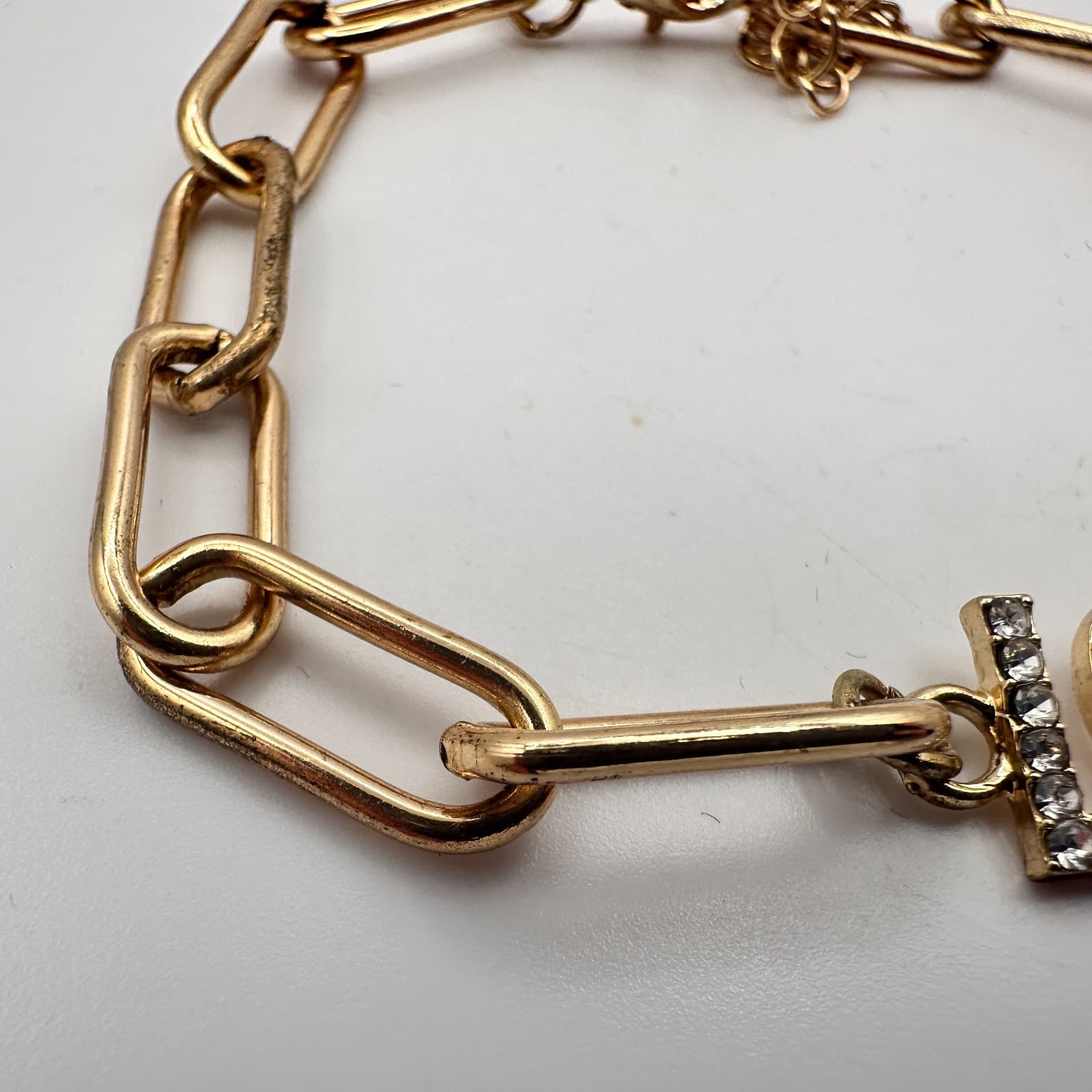 Vintage Y2K Gold Tone Rhinestone LOVE Paperclip Chain Bracelet Women's Jewelry - Thumbnail 4