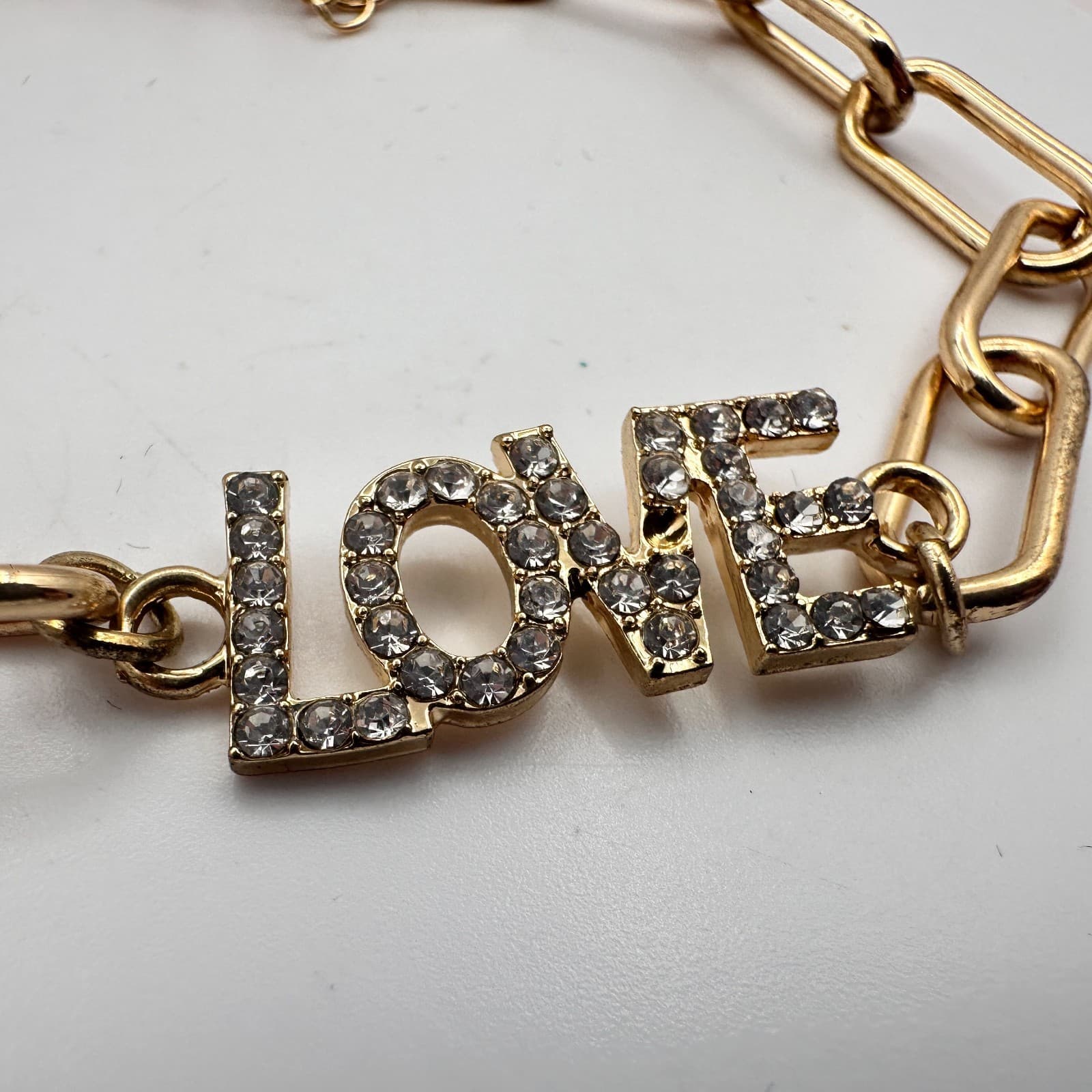 Vintage Y2K Gold Tone Rhinestone LOVE Paperclip Chain Bracelet Women's Jewelry - Thumbnail 3
