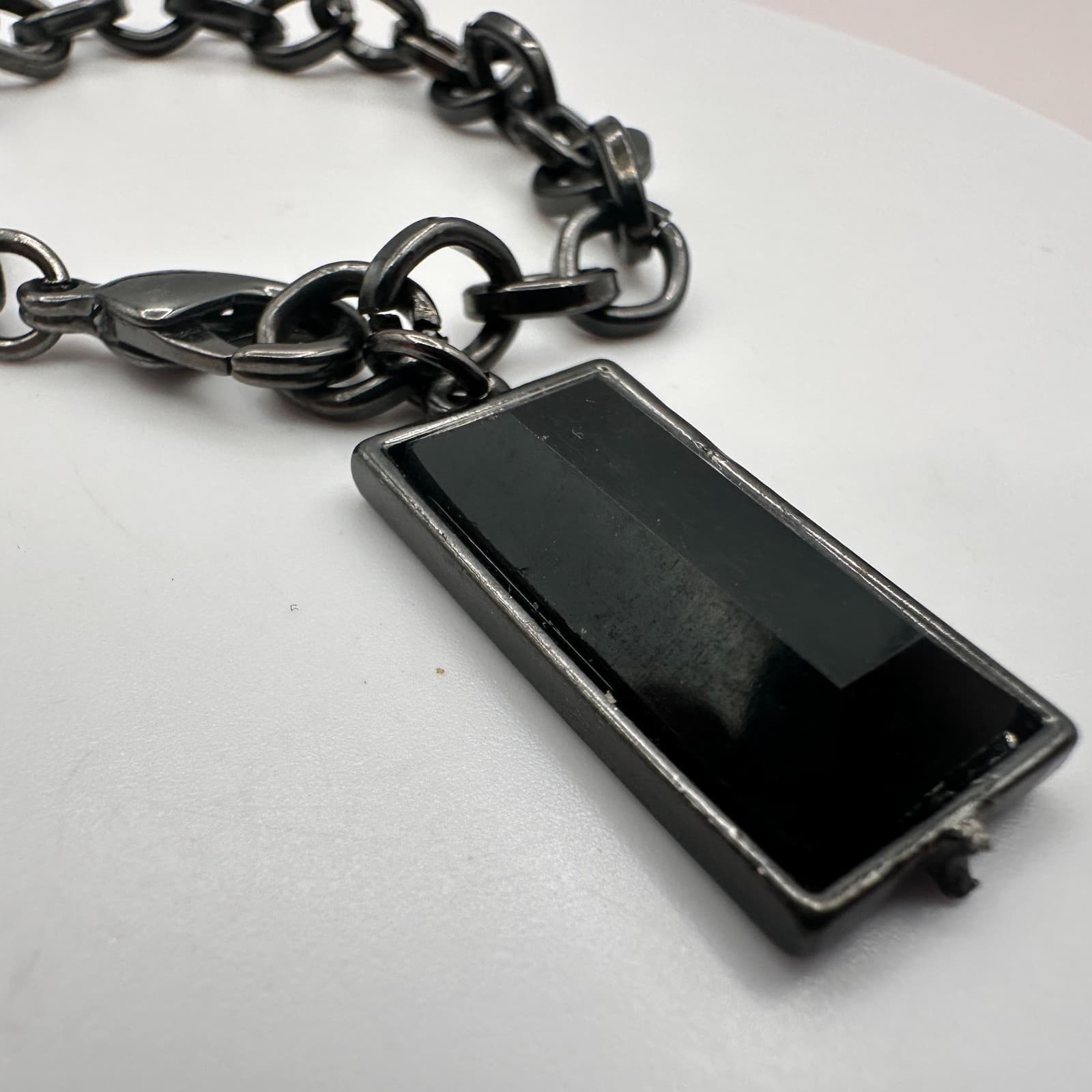 Vintage 90s Gunmetal Chain Black Glass Rectangle Bracelet Womens Classic Jewelry - Thumbnail 4