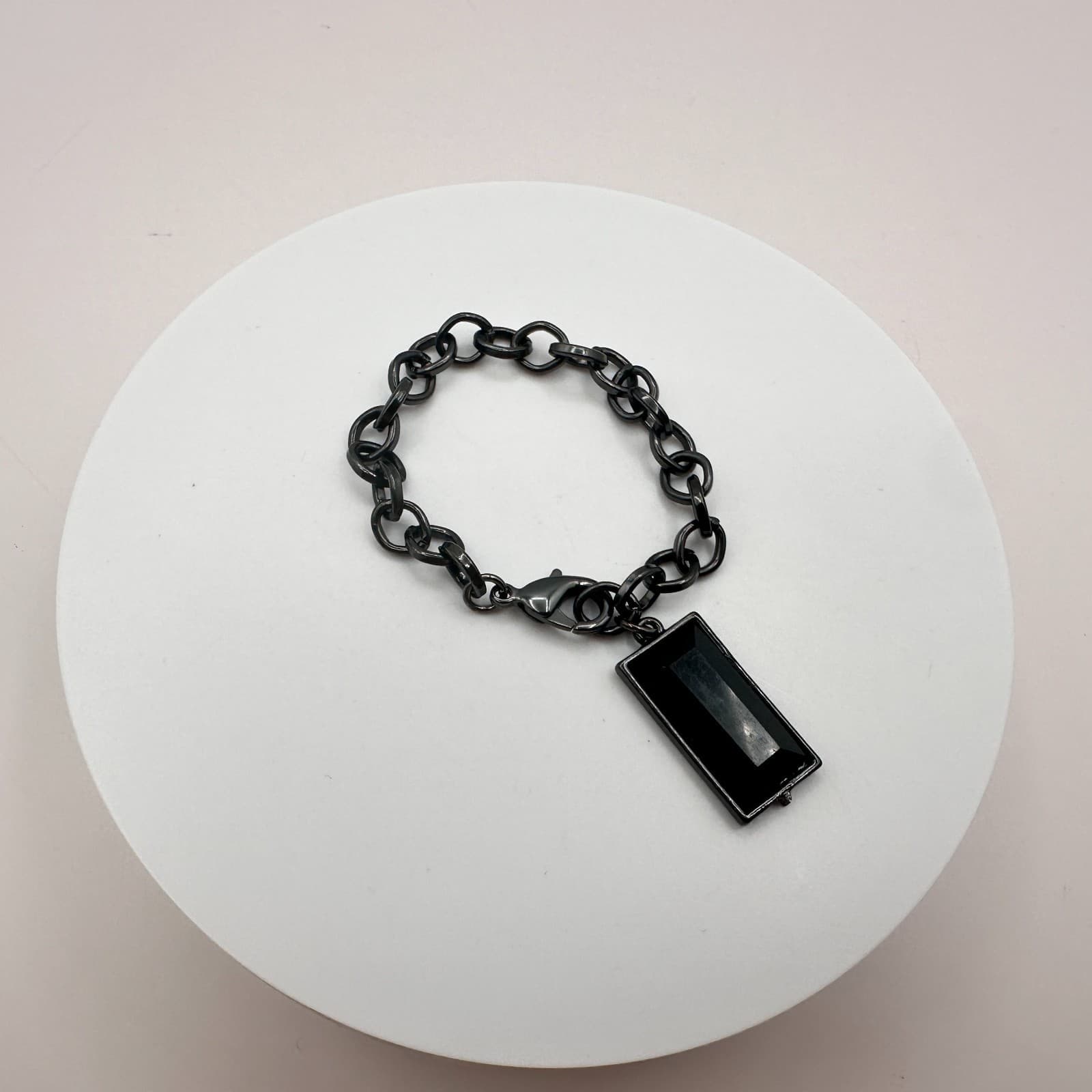 Vintage 90s Gunmetal Chain Black Glass Rectangle Bracelet Womens Classic Jewelry - Thumbnail 3