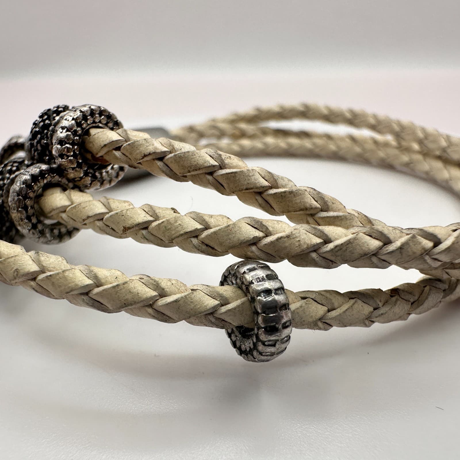 VTG Gunmetal Beige Leather Multi Strand Wrap Bracelet Tassel Charm Druzy Beads - Thumbnail 6