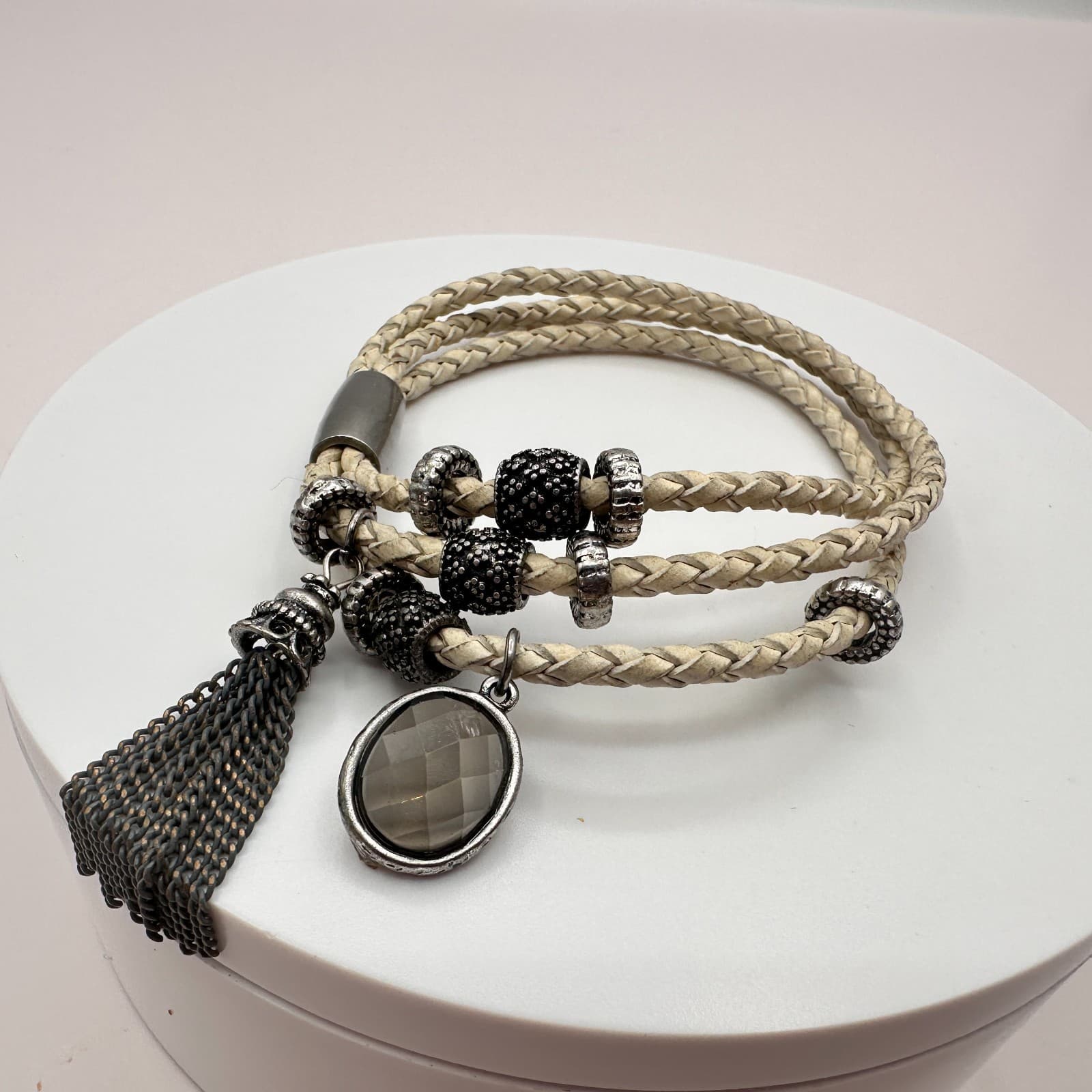 VTG Gunmetal Beige Leather Multi Strand Wrap Bracelet Tassel Charm Druzy Beads - Thumbnail 2
